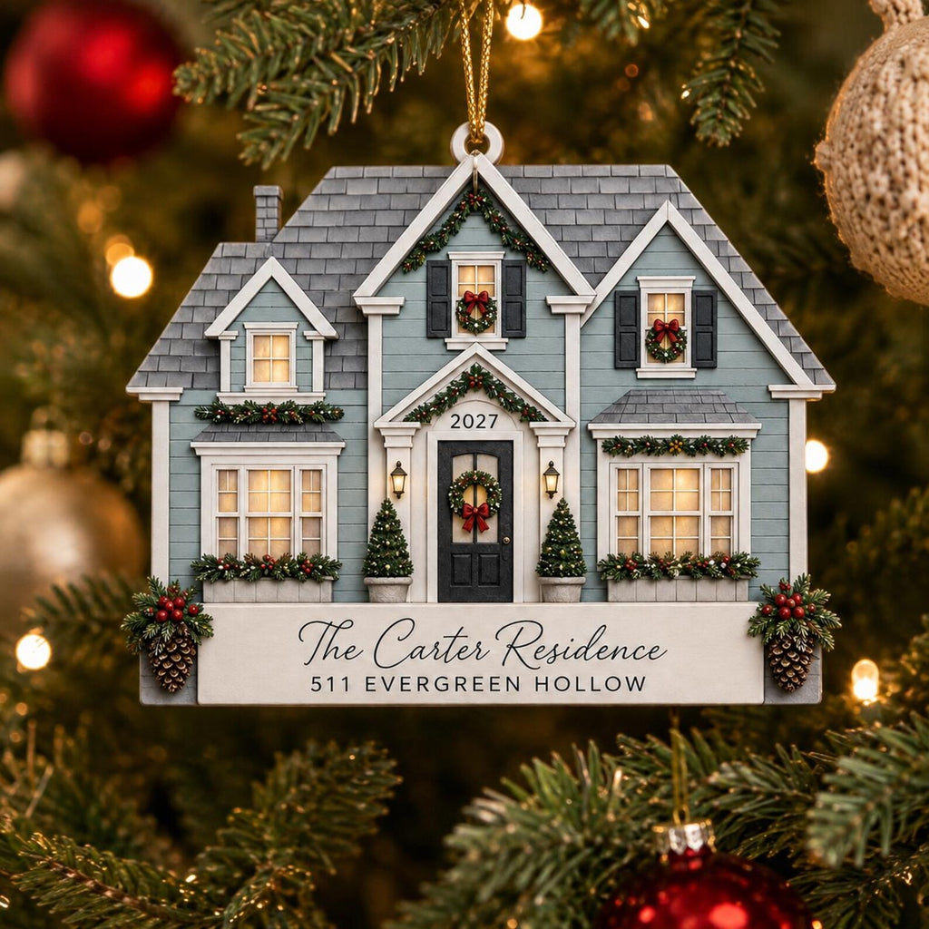 Personalized 2D Flat House Christmas Ornament, Custom New Home Wooden Ornament, Family Address Gift, Housewarming Keepsake COPETAL03