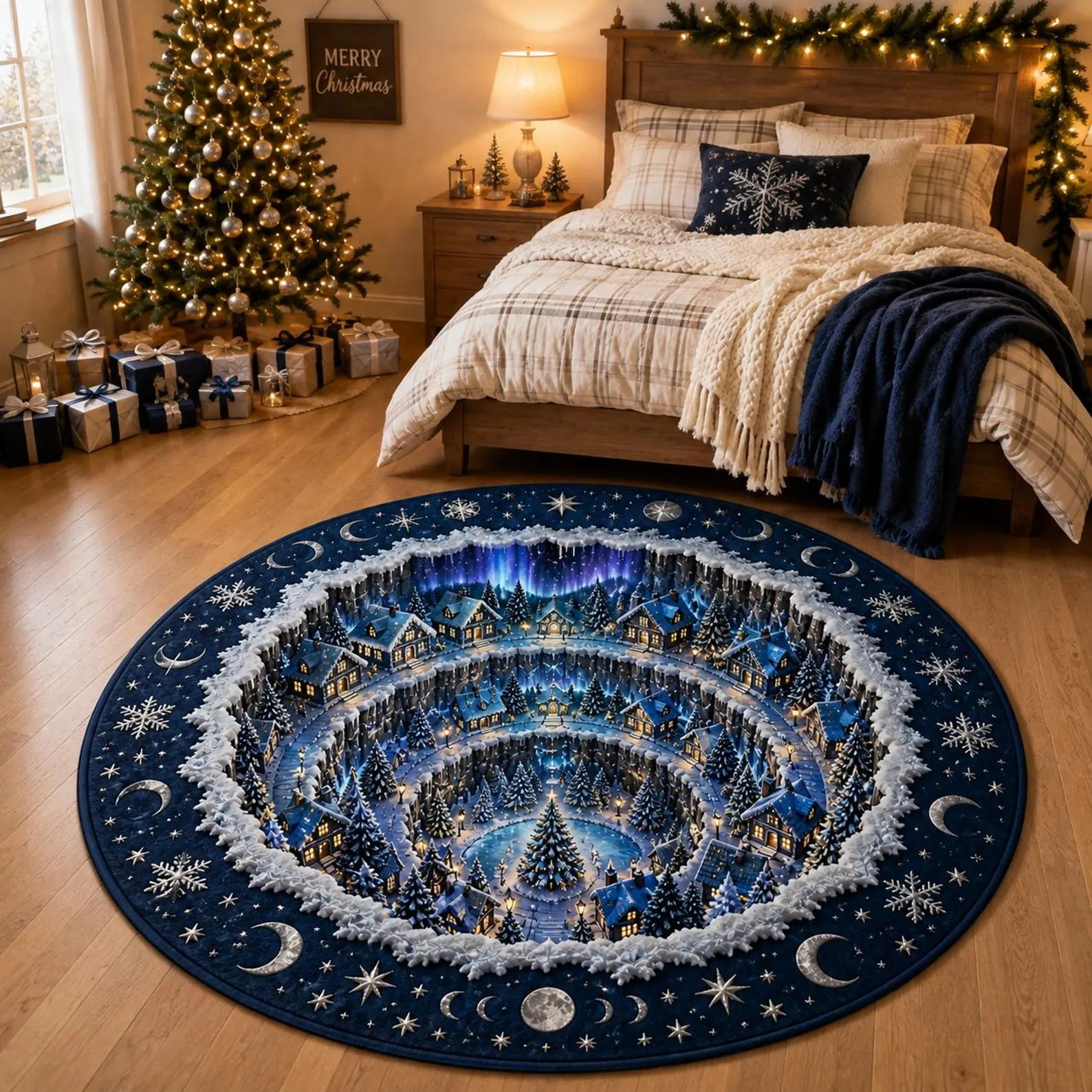 Vintage 3D Optical Illusion Winter Village Quilted Round Rug, Flannel Christmas Floor Carpet. QRPETAL17