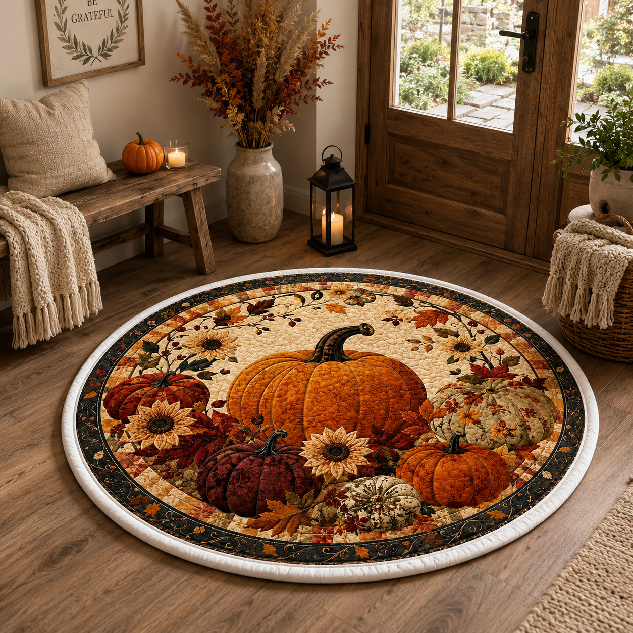 Round Pumpkin Quilted Rug, Autumn Patchwork Farmhouse Mat. QRPETAL15