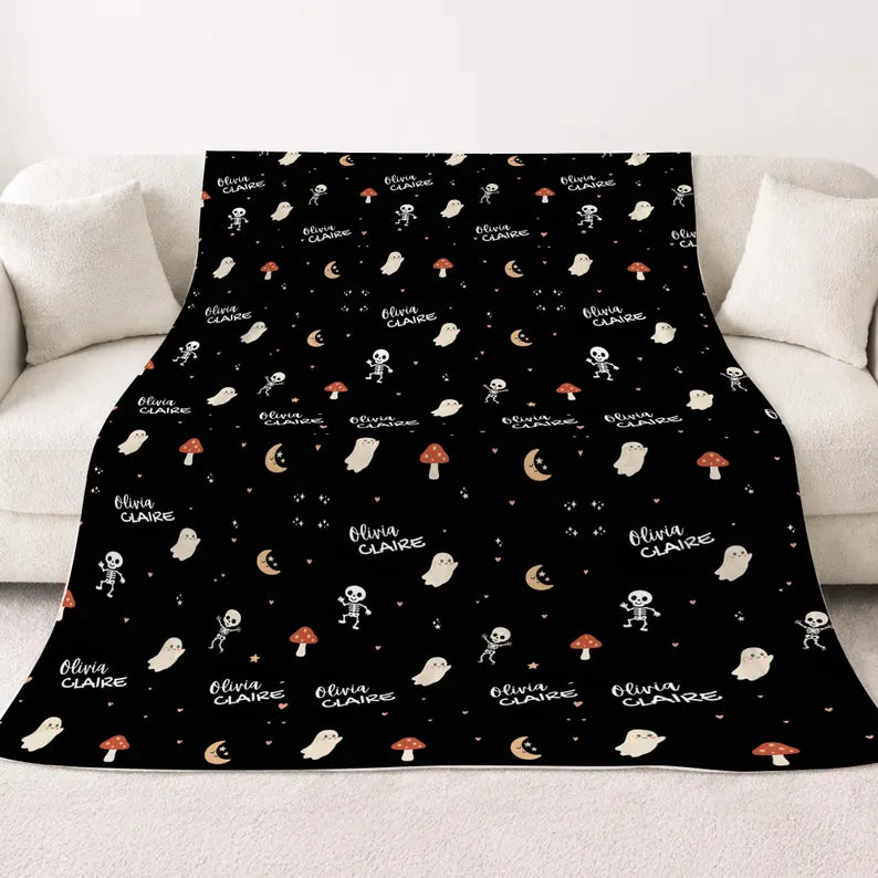 Personalized Halloween Baby Blanket | Custom Baby Name Blanket | Cute Ghost & Skeleton Baby Blanket Baby's First Halloween Gift for Newborn Baby Halloween. BLKPETAL7