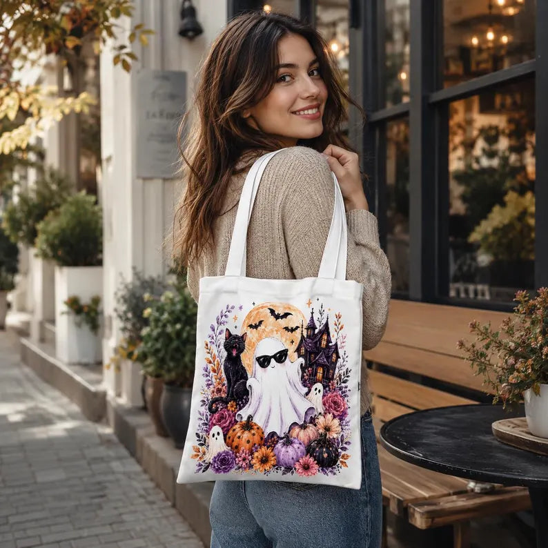 Spooky Summer Tote Bag, Halloween Beach Tote, Ghost Pumpkin Canvas Bag, Colorful Floral Tote, Cute Summer Bag. HLWTBPETAL6