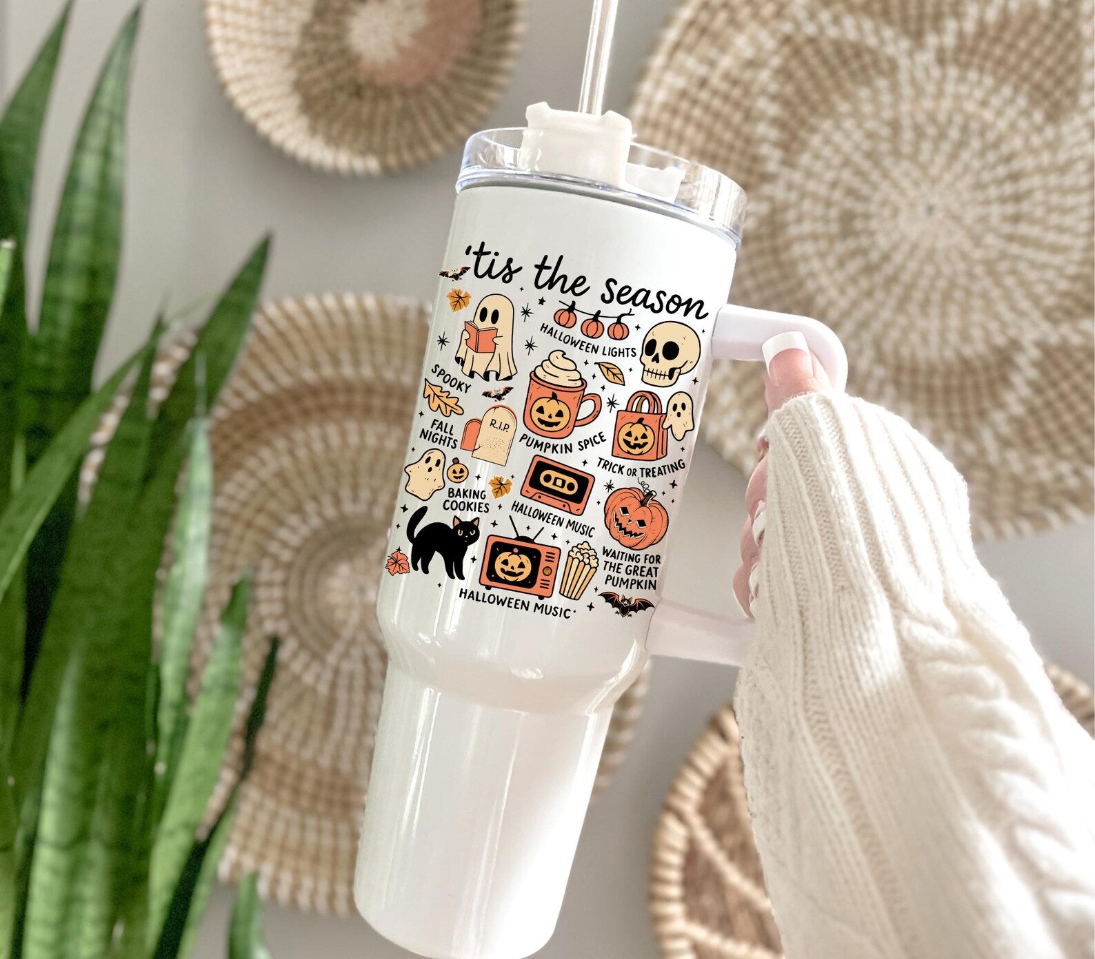 Spooky season 40oz tumbler, halloween 40oz tumbler with handle, pumpkin and skeleton tumbler for halloween, boo basket gift for her. TBLPETAL8