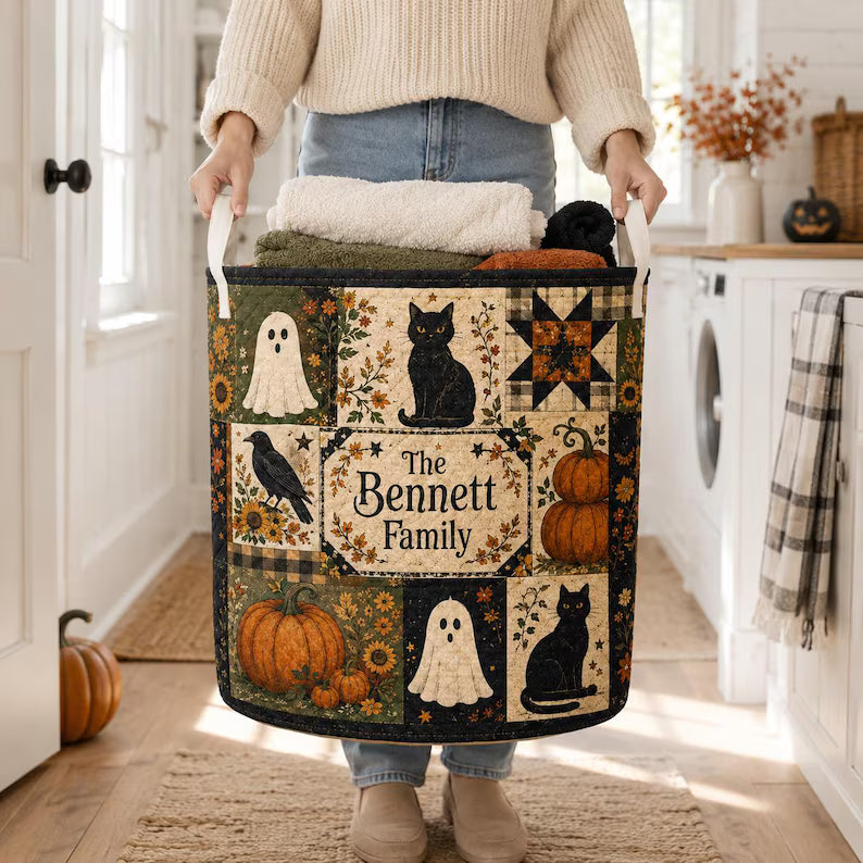 Personalized Halloween Quilt Laundry Basket, Quilted Laundry Hamper Pumpkin Ghost Cat Home Decor Basket Custom Family Name Fall Storage Bin LBPETAL145