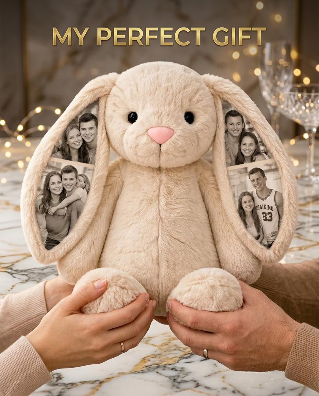 Custom Photo Bunny Plush, Personalized Picture Ear Gift for Girlfriend Boyfriend, Anniversary Birthday Gift, Memory Keepsake. BPPETAL1