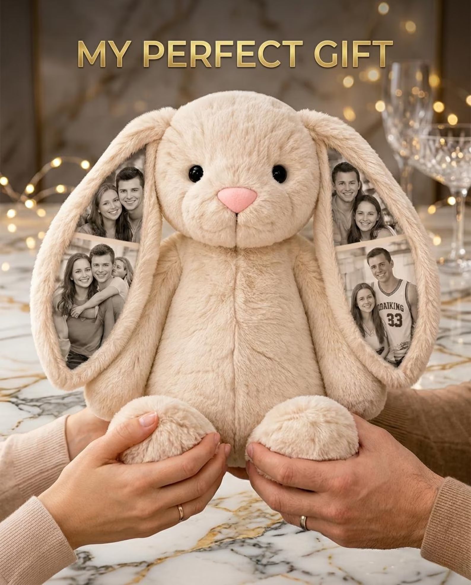 Custom Photo Bunny Plush, Personalized Picture Ear Gift for Girlfriend Boyfriend, Anniversary Birthday Gift, Memory Keepsake. BPPETAL1