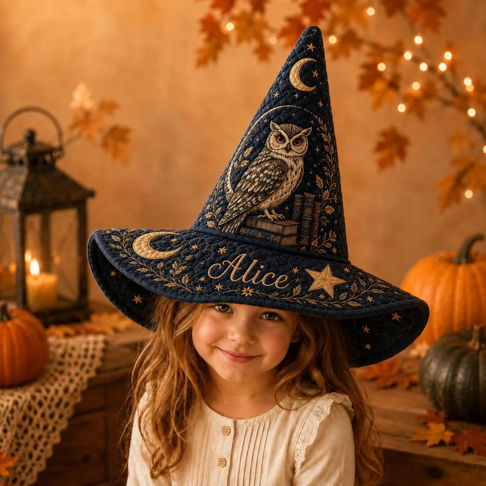 Retro Quilted Witch Hat, Vintage Halloween Owl Moon Hat, Navy Witch Costume Accessory, Spooky Season Party Gift. QWHPETAL18