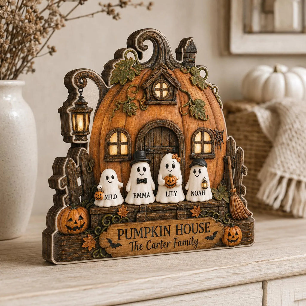 Custom Haunted Home Wooden Block, Family Ghost Halloween Decor, Spooky Family Name Sign, Halloween Tabletop Gift. WBPETAL16