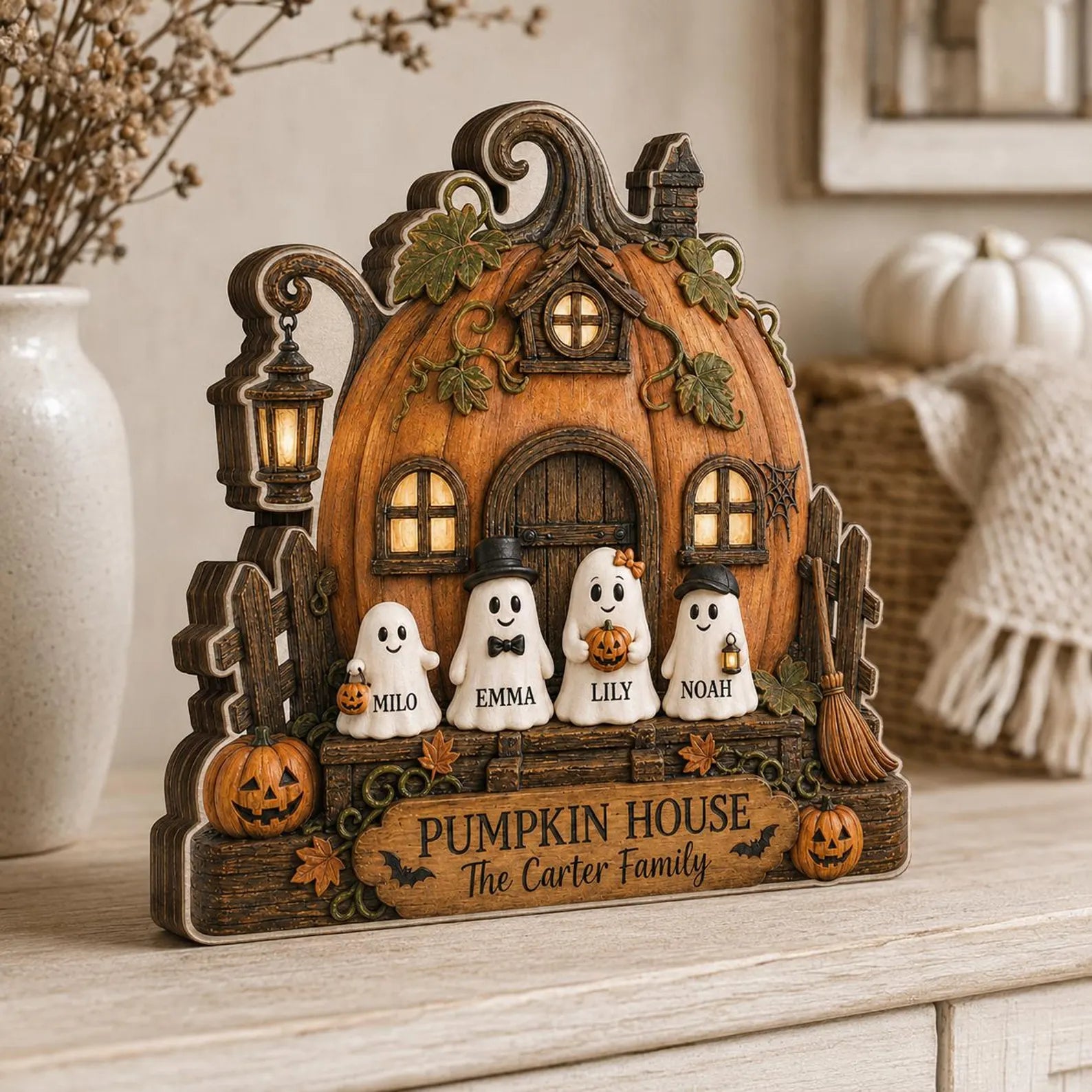 Custom Haunted Home Wooden Block, Family Ghost Halloween Decor, Spooky Family Name Sign, Halloween Tabletop Gift. WBPETAL16