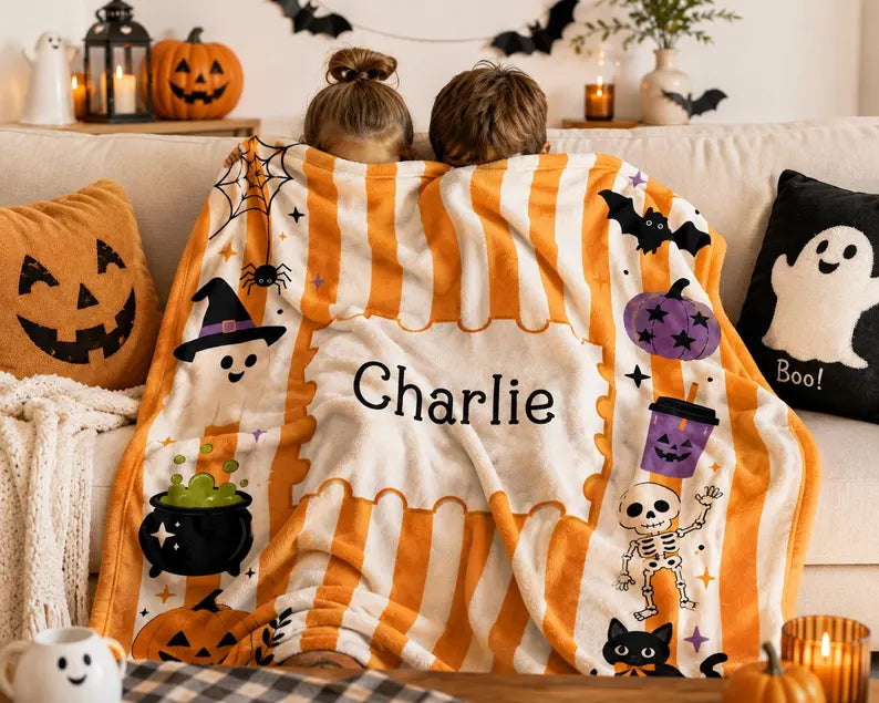 Personalized Halloween Stripe Plush Blanket For Kid, Cute Ghost Pumpkin Cat Bat Skeleton Blanket, Halloween Name Blanket, Kid Halloween Gift. BLKPETAL2