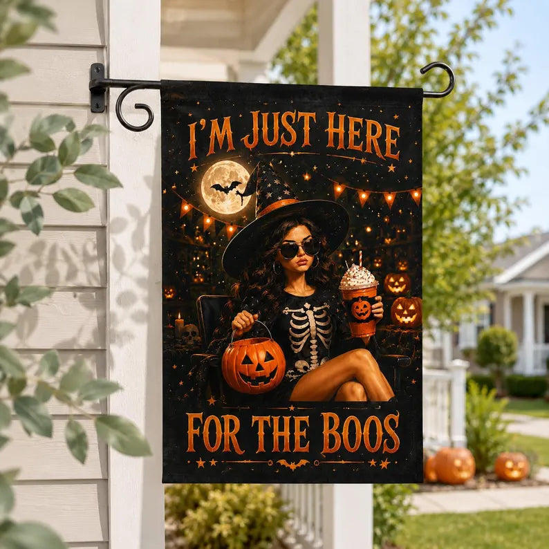I'm Just Here For The Boos Garden Flag, Funny Halloween Witch Flag, Spooky Season Yard Decor, Summerween Flag. HLWGFPETAL17