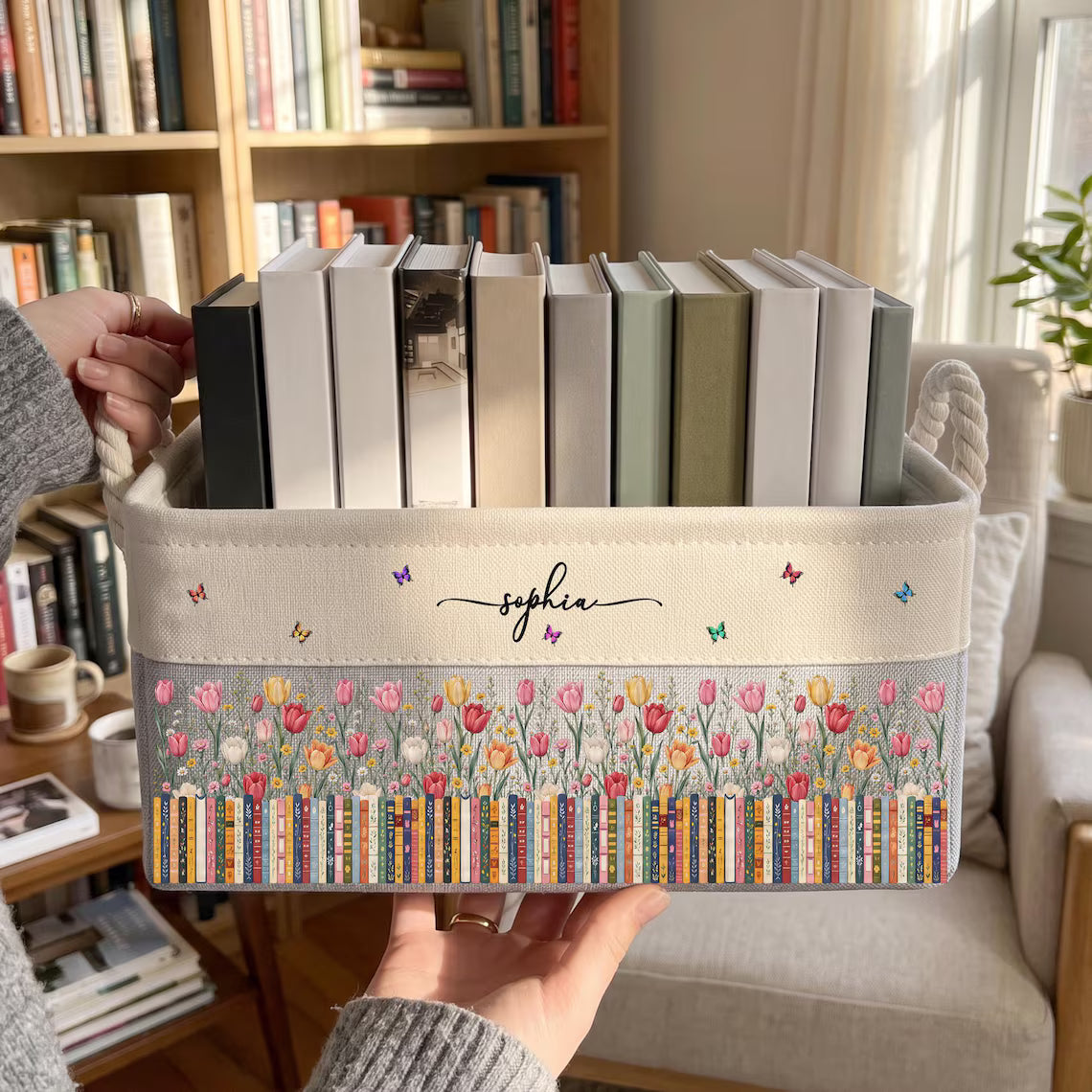 Custom Birth Flower Book Basket With Name, Floral Canvas Storage Bin, Book Lover Decor, Personalized Organizing Basket, Gift For Librarian. BBPETAL1