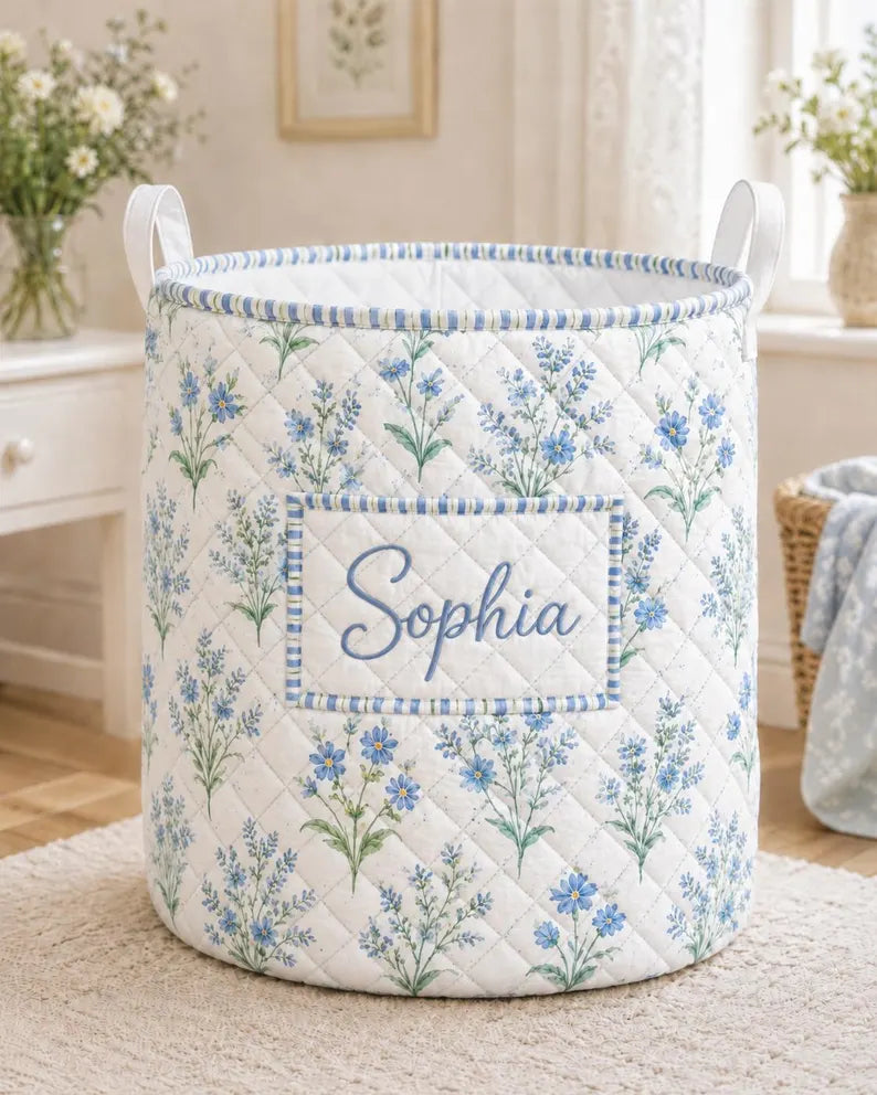 Personalized Floral Laundry Basket, Custom Name Quilted Storage Bin, Pastel Flower Nursery Hamper, Clothes Basket. LBPETAL142