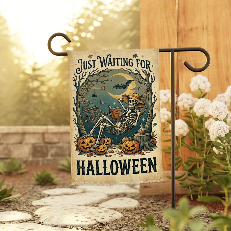 Just Waiting For Halloween Garden Flag, Skeleton Hammock Yard Flag, Spooky Pumpkin Halloween Decor, Witchy Fall Porch Flag. HLWGFPETAL12