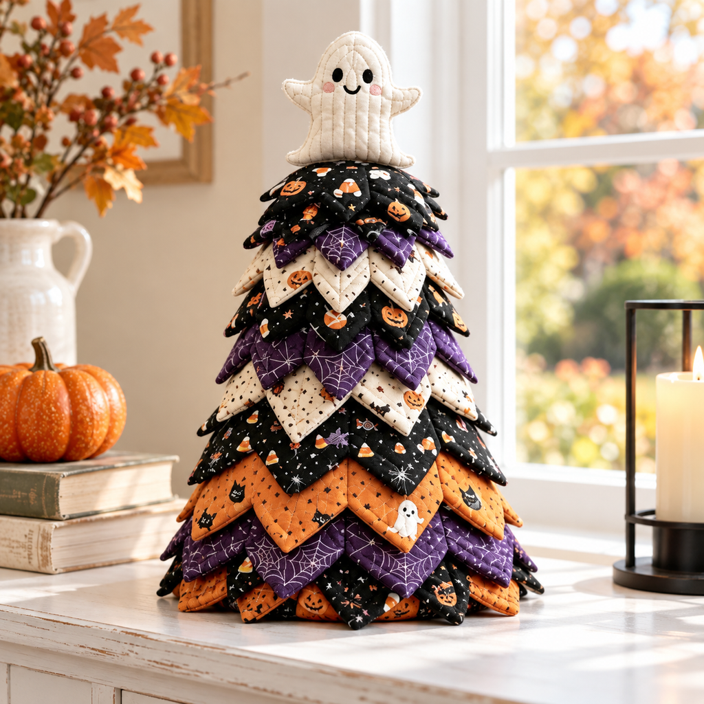 Handmade DIY Halloween Quilted Fabric Tree with Cute Ghost Topper, Spooky Pumpkin Tabletop Decoration - QCTPETAL16
