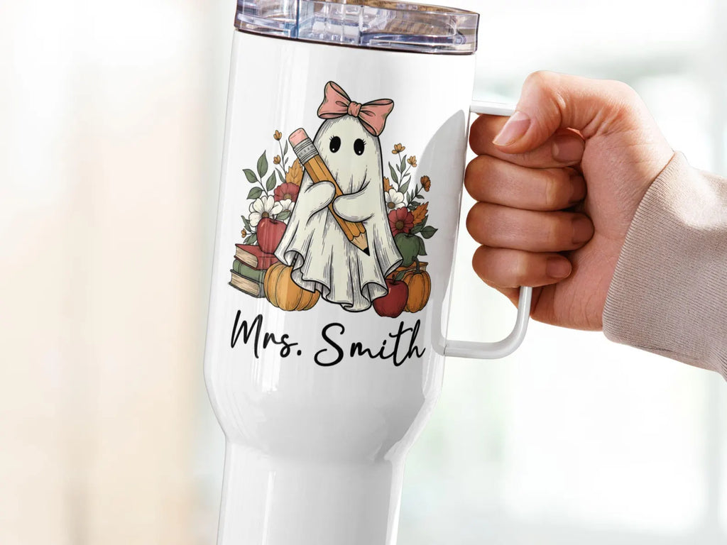 Personalized Teacher 40oz Tumbler Halloween Gift for Teacher Fall Gift, Teacher Travel Mug, Custom Teacher Tumbler Gift, Ghost Tumbler Cup. TBLPETAL9