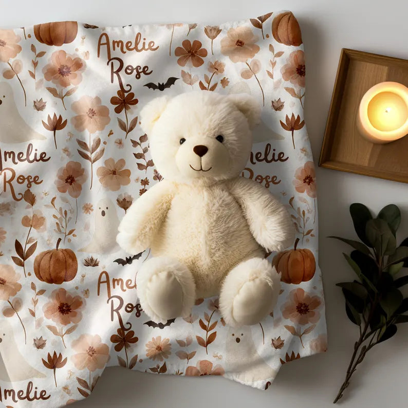 Personalized Boho Ghost Pumpkin Blanket Halloween Floral Velveteen Plush Fall Baby Shower Gift Autumn Room Decor. BLKPETAL5