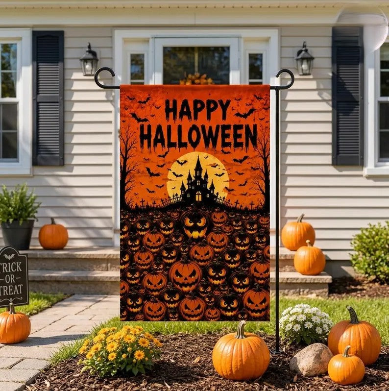 Happy Halloween Garden Flag, Spooky Pumpkin Yard Flag, Haunted House Outdoor Decor, Jack O Lantern Fall Garden Banner, Halloween Porch Decor. HLWGFPETAL10