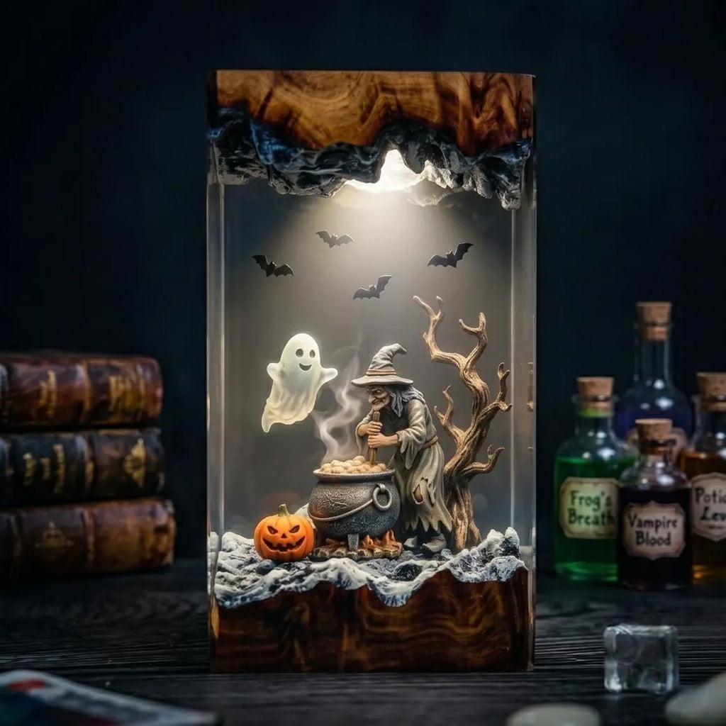 Spooky Witch Cauldron Resin Lamp, Poison Brew Night Light, Jack O Lantern Pumpkins, Flying Vampire Bats, Handmade Epoxy Halloween Gift. RLPETAL07