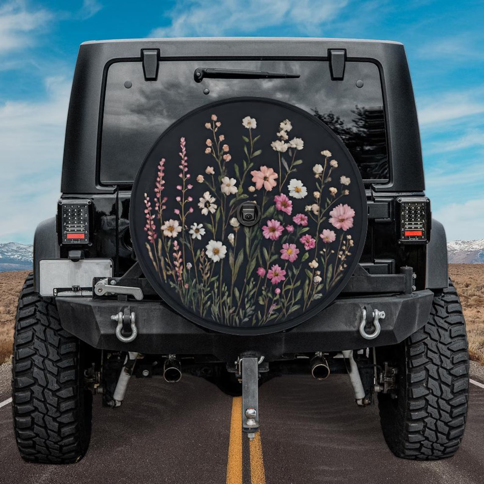 Wild Flowers Spare Tire Cover, White Purple Pink Floral Wheel Backup Camera Hole RV. TCPETAL8