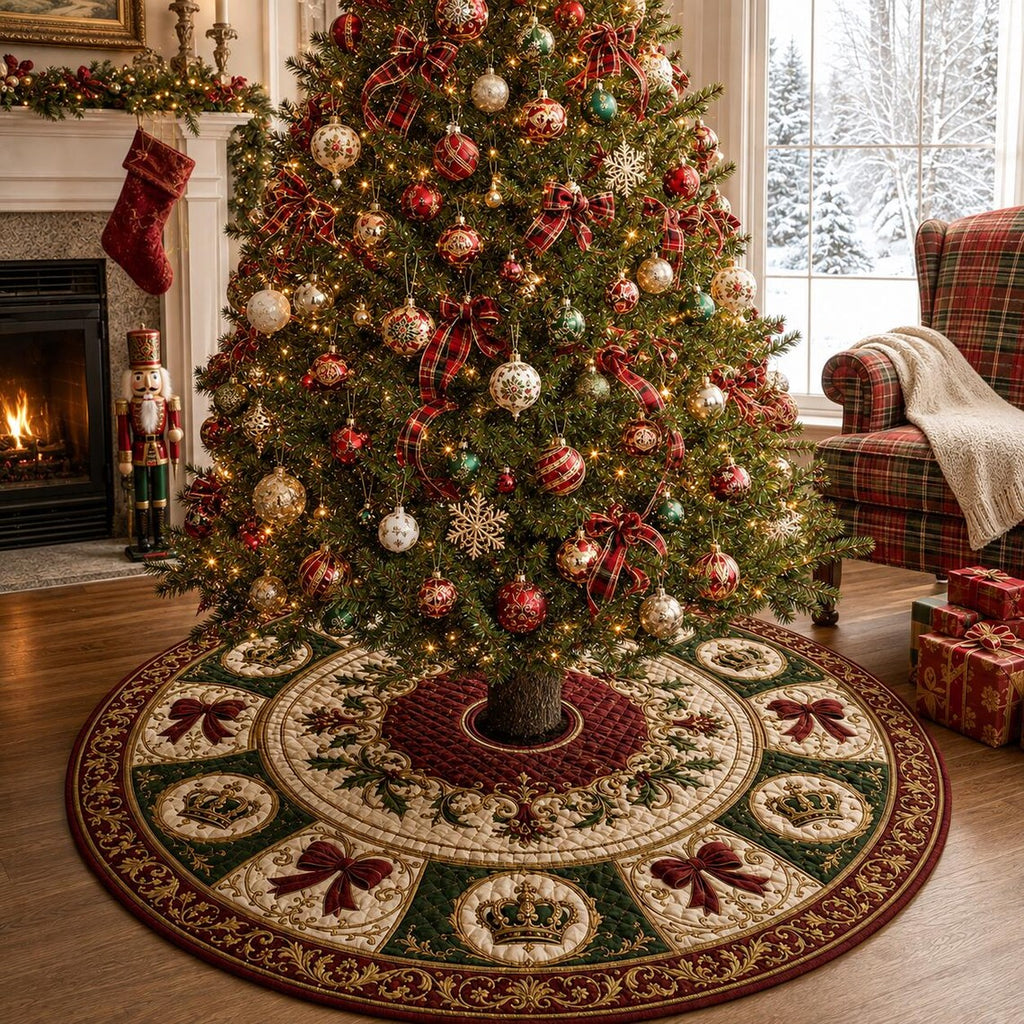 Christmas Tree Skirt, Holiday Tree Decor, Bow and Crown Christmas Decor, Quilted Style Tree Mat. CTSPETAL23