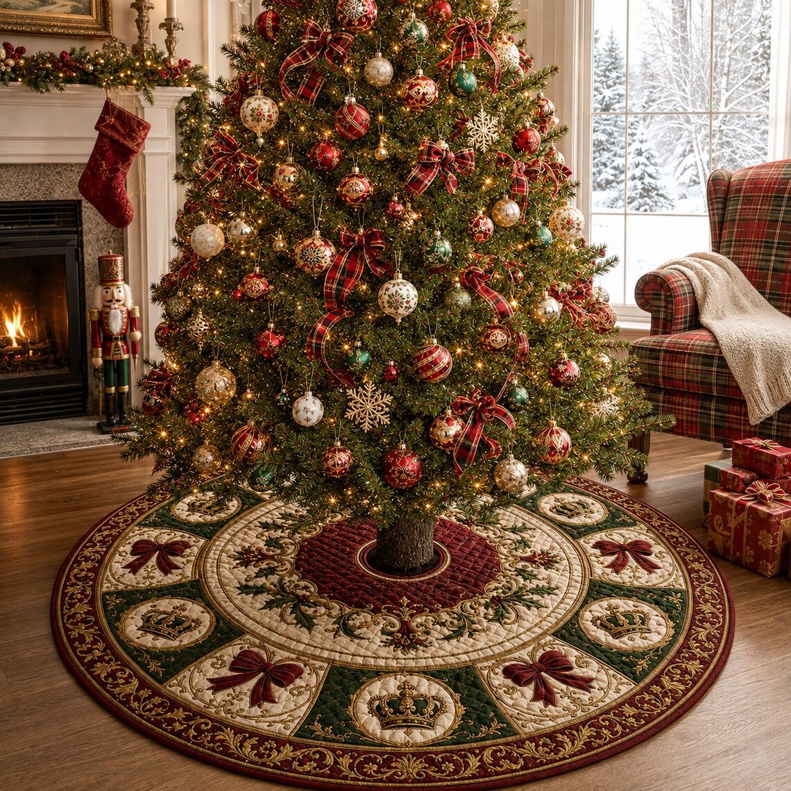 Christmas Tree Skirt, Holiday Tree Decor, Bow and Crown Christmas Decor, Quilted Style Tree Mat. CTSPETAL23