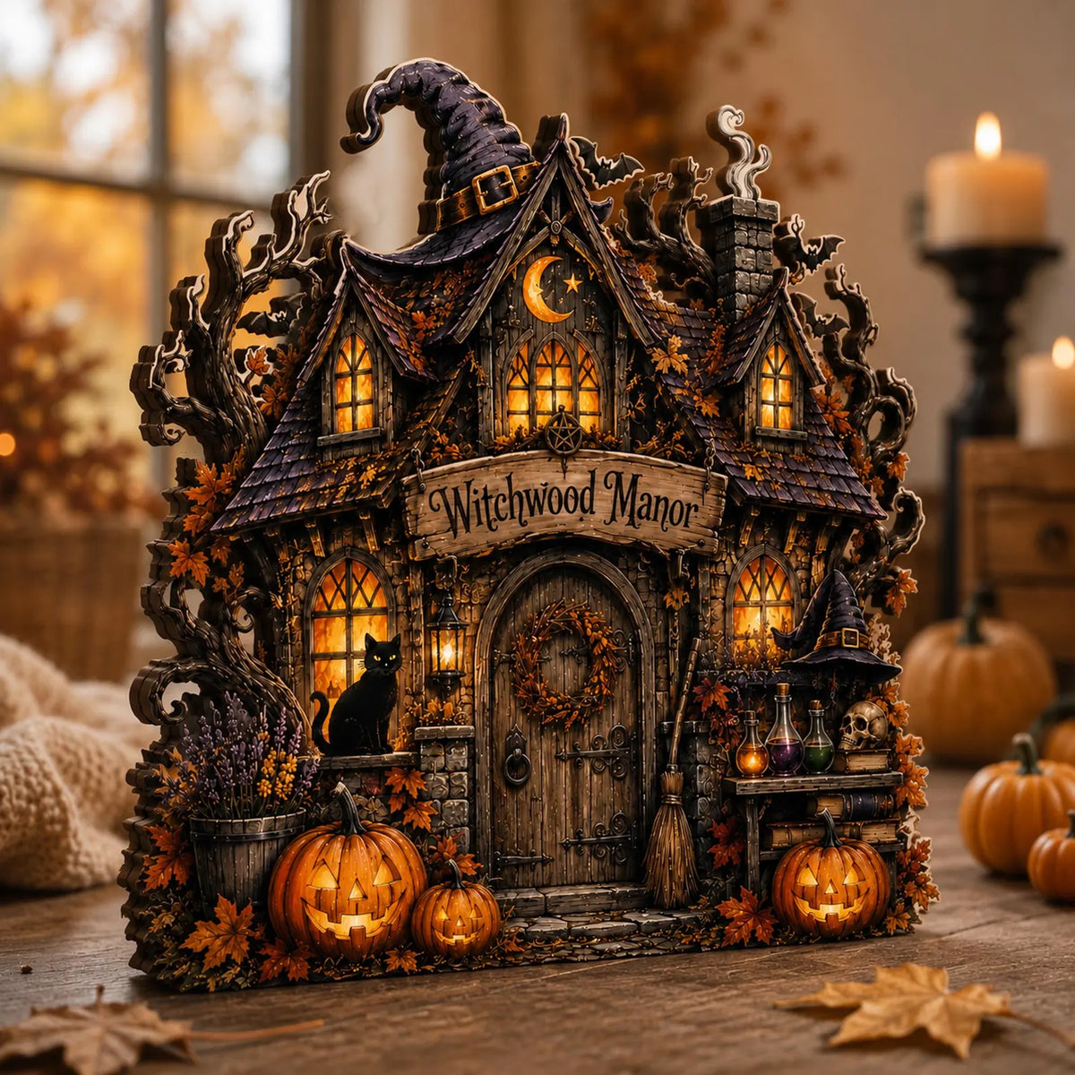 Custom Halloween Witch House Wooden Block, Personalized Pumpkin Cottage Decor, Spooky Autumn Table Sign, Witchy Home Decoration. WBPETAL1