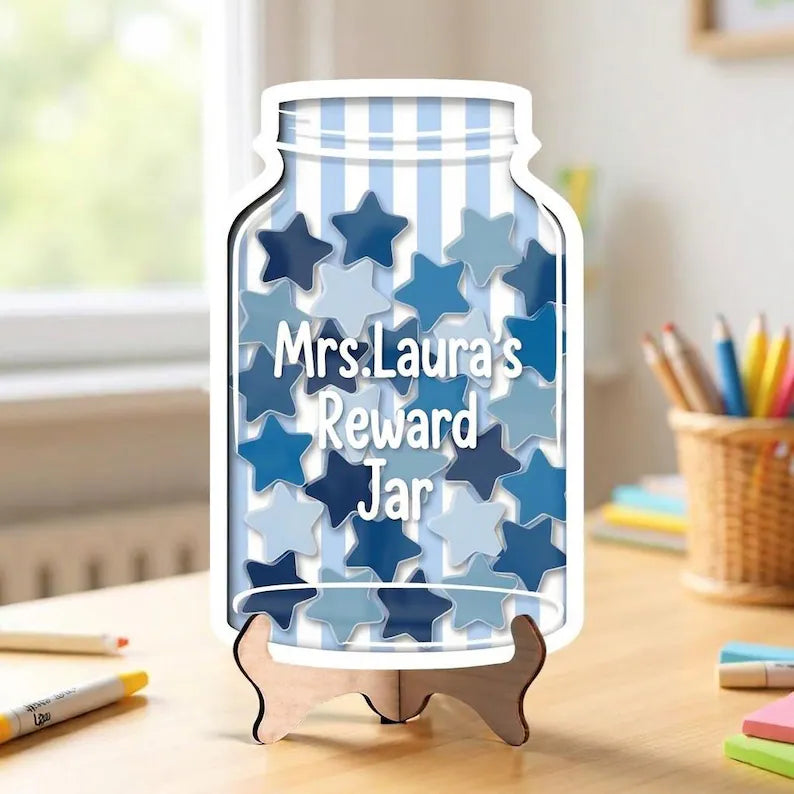 Personalized Striped Teacher Reward Jar, Custom Classroom Star Reward Chart, Back To School Gift. RJPETAL09