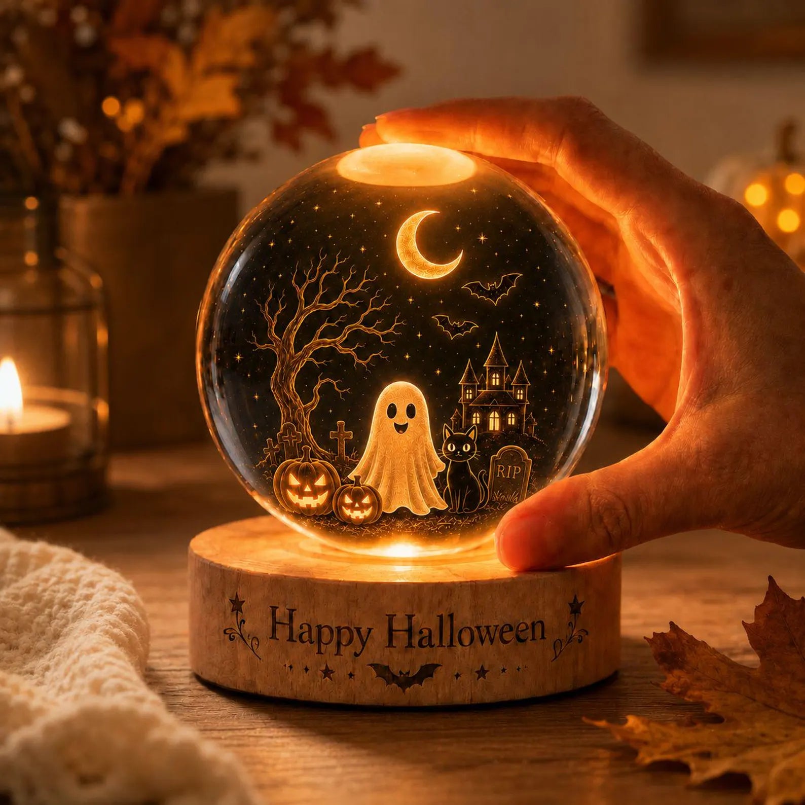 Halloween Crystal Ball LED Night Light Ghost Pumpkin Moon Glass Sphere Lamp Spooky Fall Decor Gift for Home Bedroom Desk. LEDPETAL5