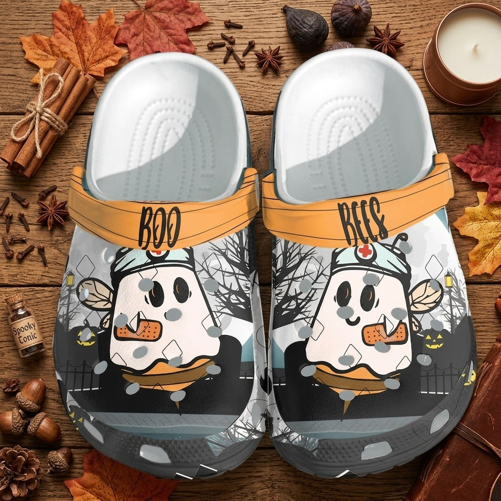Halloween Ghost Nurse Clogs – Cute Boo Bees Spooky Slip-On Shoes with Pumpkin, Bat & Haunted Night Design for Fall Halloween Gifts. CLPETAL16