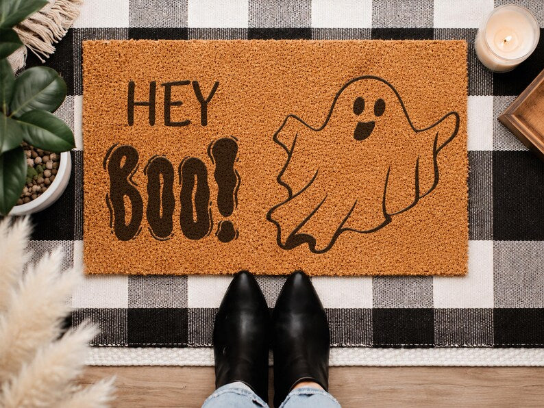 Personalized Halloween Doormat, Custom Pumpkin Face Doormat, Hey Boo Door Mat, Spooky Welcome Mat, Halloween Decor, Custom Name Rug. DMPETAL11