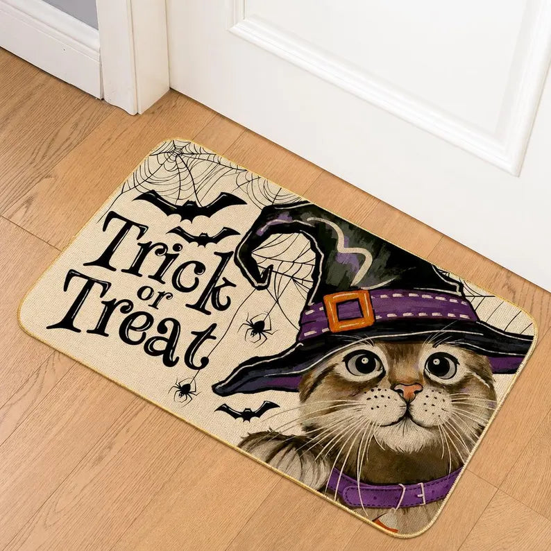 Halloween Cat Doormat Trick or Treat Witch Hat Door Mat Funny Spooky Home Decor. DMPETAL18