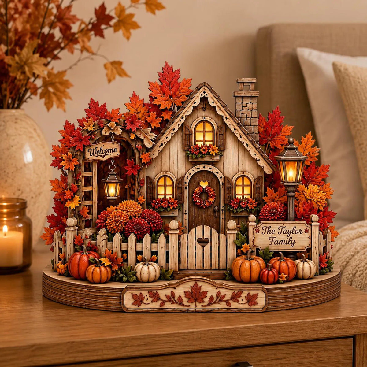 Personalized Harvest Home Wooden Block, Autumn Village,Fall Pumpkin Decor, Thanksgiving Gift, 2D Flat. WBPETAL5