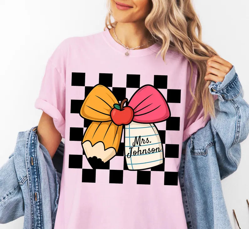 Custom Teacher Shirt, Personalized Teacher Name TShirt, Comfort Colors Back To School Teacher Team Bow T-shirt, Teacher Appreciation Gifts. SPETAL15