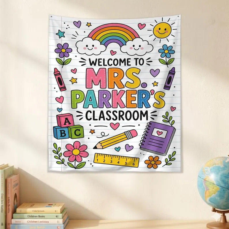 Personalized Classroom Tapestry, Teacher Welcome Banner, Back to School Decor, Rainbow Classroom Sign. CBPETAL06