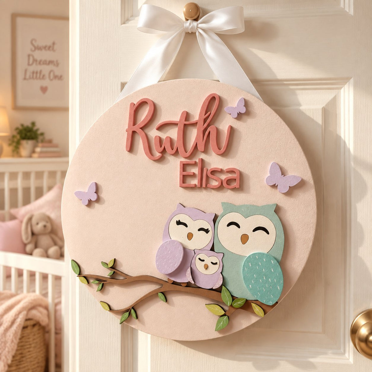Personalized Owl Family Wooden Sign, Custom Kids Name Door Hanger, Woodland Nursery Decor, Baby Room Wall Sign WOODKID02