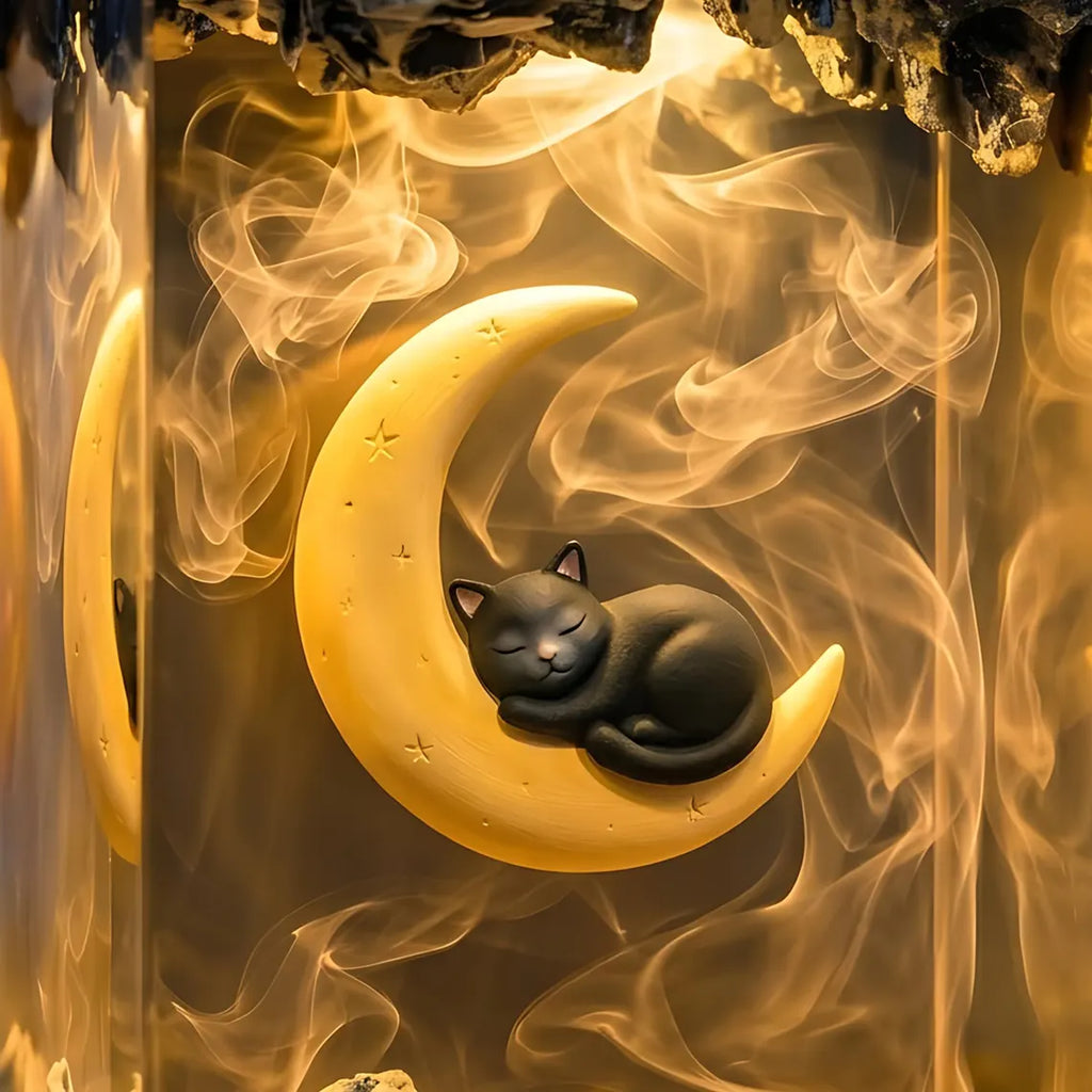 Sleeping Cat Moon Resin Lamp, Book Lover Night Light, Fantasy Reading Decor, Unique Gift for Readers and Cat Fans. RLPETAL03