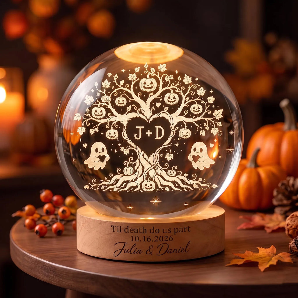 Custom Couple Tree of Love Crystal Ball Night Light, Spooky Couple LED Night Light, Halloween Wedding Gift for Couple, Halloween Home Decor. LEDPETAL12