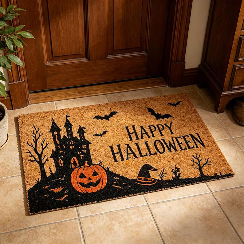 Happy Halloween Haunted House Doormat,Spooky Pumpkin & Bat Entry Rug,Halloween Front Door Decor,Retro Haunted Castle Halloween Doormat. DMPETAL9