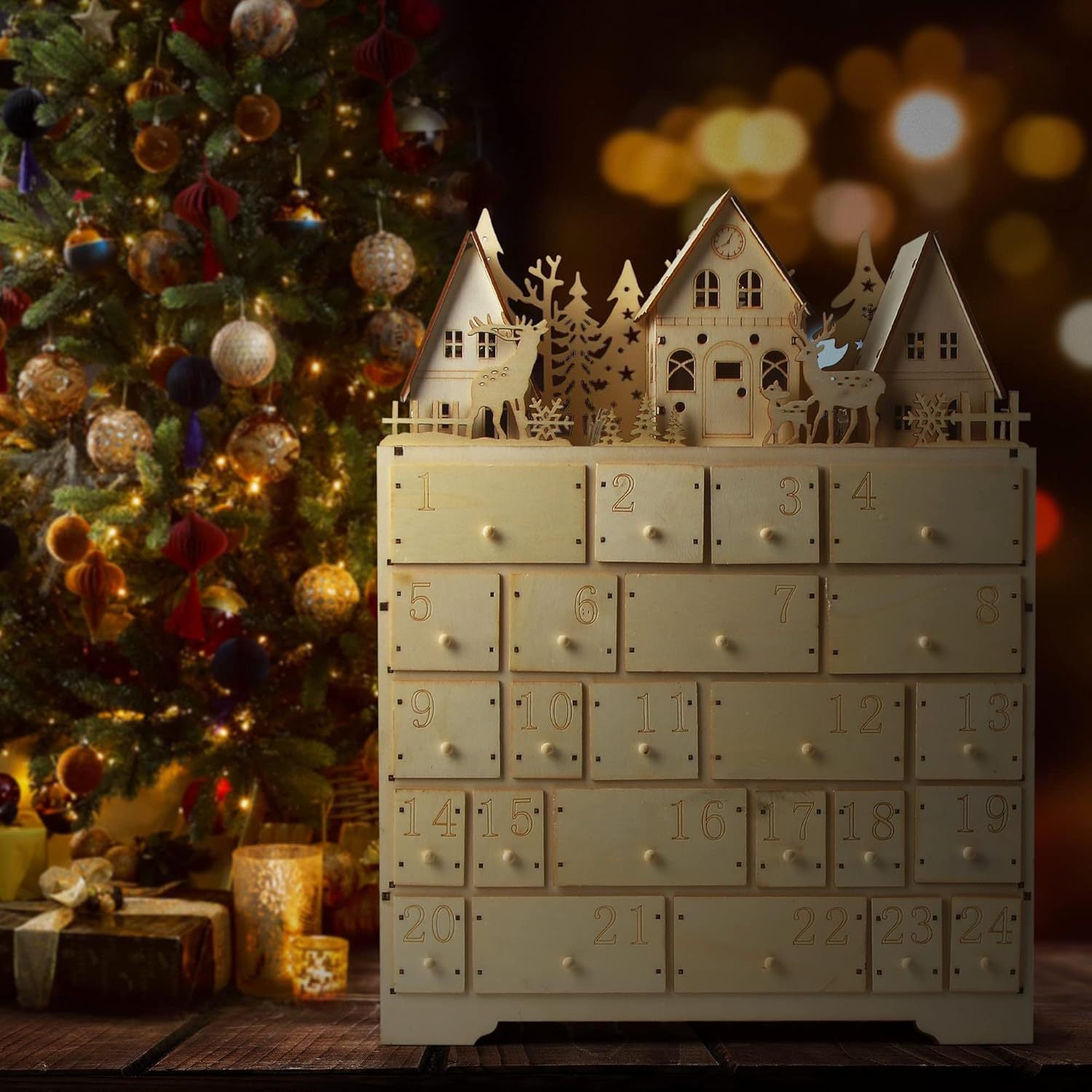 Wooden Christmas Village Advent Calendar with 24 Drawers, Reindeer House Holiday Countdown Decor – ACPETAL03
