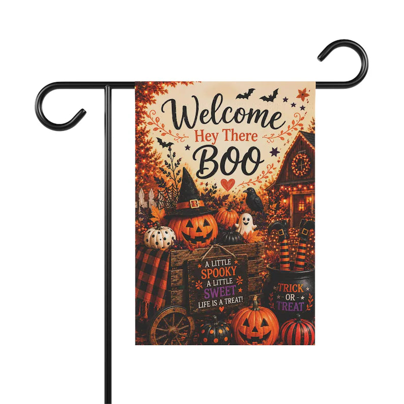 Halloween Garden Flag Welcome Boo Decor, Spooky Cute Pumpkin Porch Flag, Trick or Treat Fall Yard Decoration Welcome Flag. HLWGFPETAL5