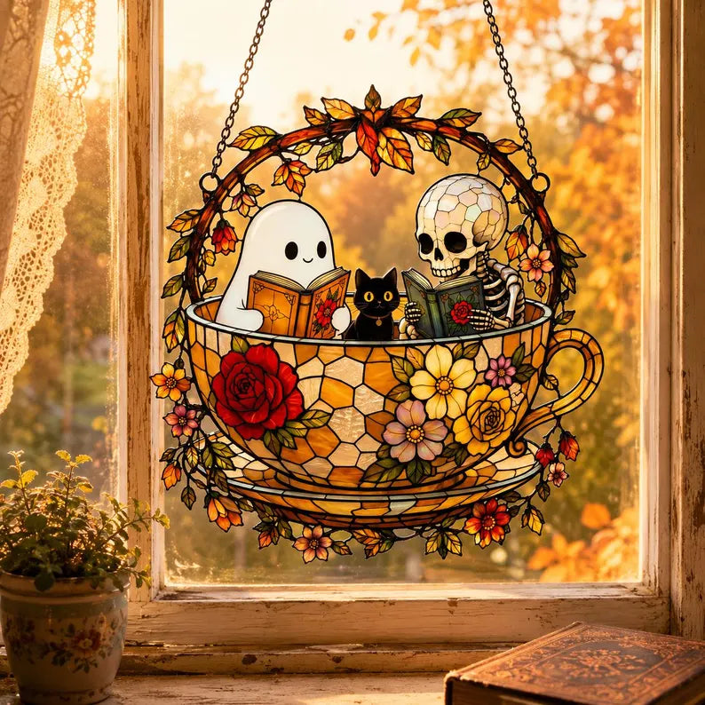 Skeleton Ghost Reading Book Acrylic Suncatcher, Black Cat in Teacup, Books Lover Gift. HSPETAL10