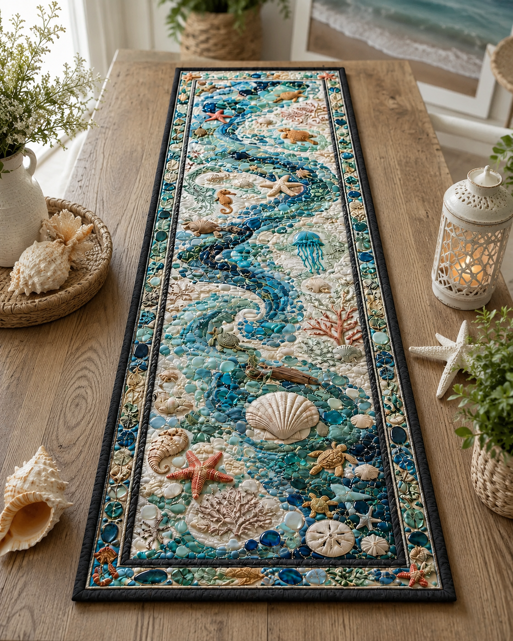 Ocean Quilted Table Runner, Coastal Beach House Decor, Nautical Dining Topper.QTRPETAL2