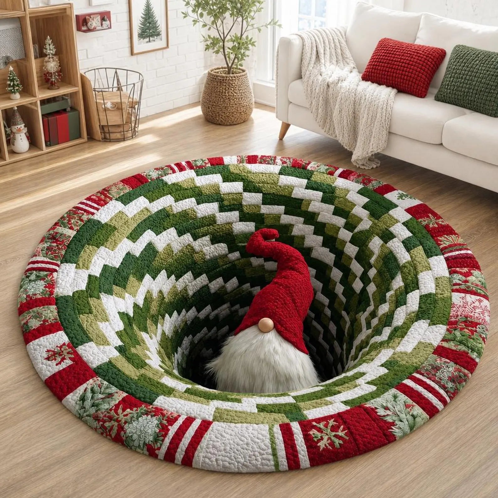 Christmas Gnome Vortex 3D Round Rug, Quilt Patchwork Optical Illusion Floor Mat, Non Slip Area Rug for Xmas Home Decor, Christmas Gift. QRPETAL07