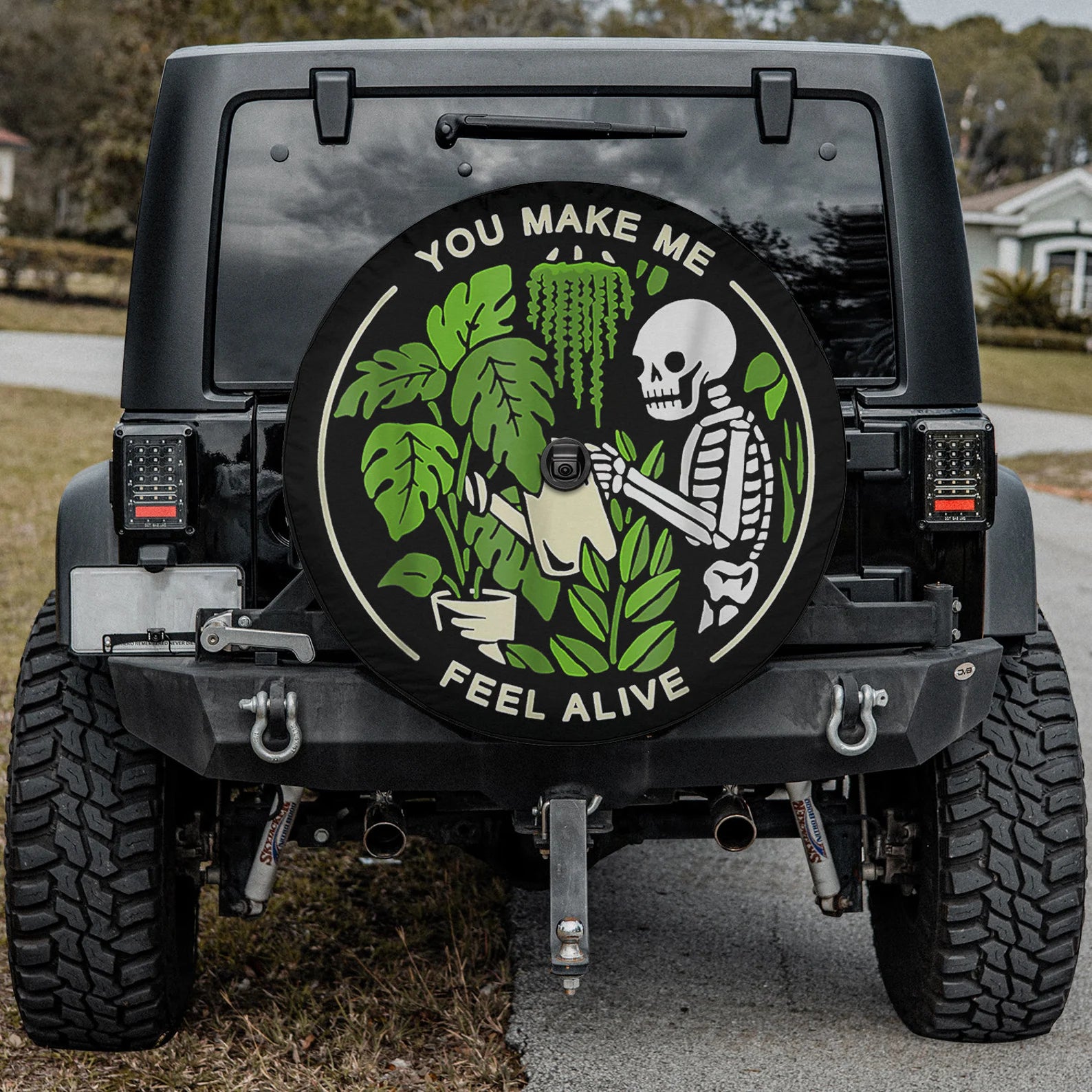You Make Me Feel Alive PVC Leather Spare Tire Cover, Plant Lover Skeleton Tire Cover, Gothic Botanical Jeep Accessories, Funny Off Road Vehicle Gift. TCPETAL2