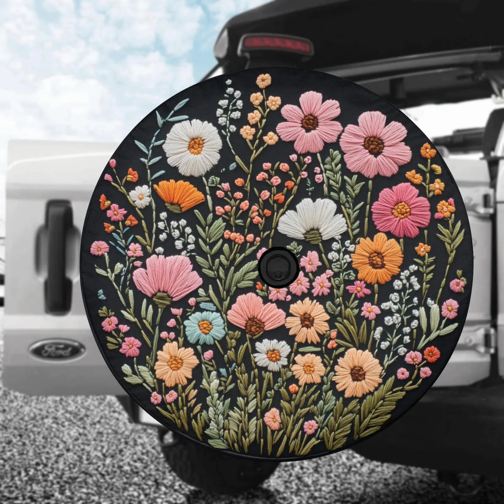 Pink Wild Flowers PVC Leather Spare Tire Cover, Faux Embroidery Printed Grassy Botanicals Floral Wheel Unique Backup Camera Hole Trailer Back Women RV. TCPETAL9