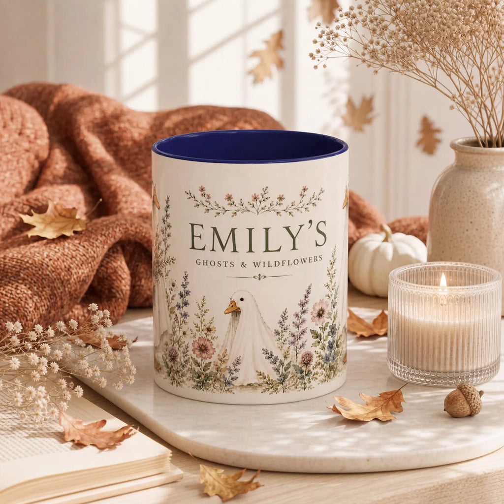 Personalized Ghost Mug, Ghost Wildflowers Mug, Custom Halloween Coffee Mug, Cute Goose Mug, Spooky Season Gift. MPETAL11