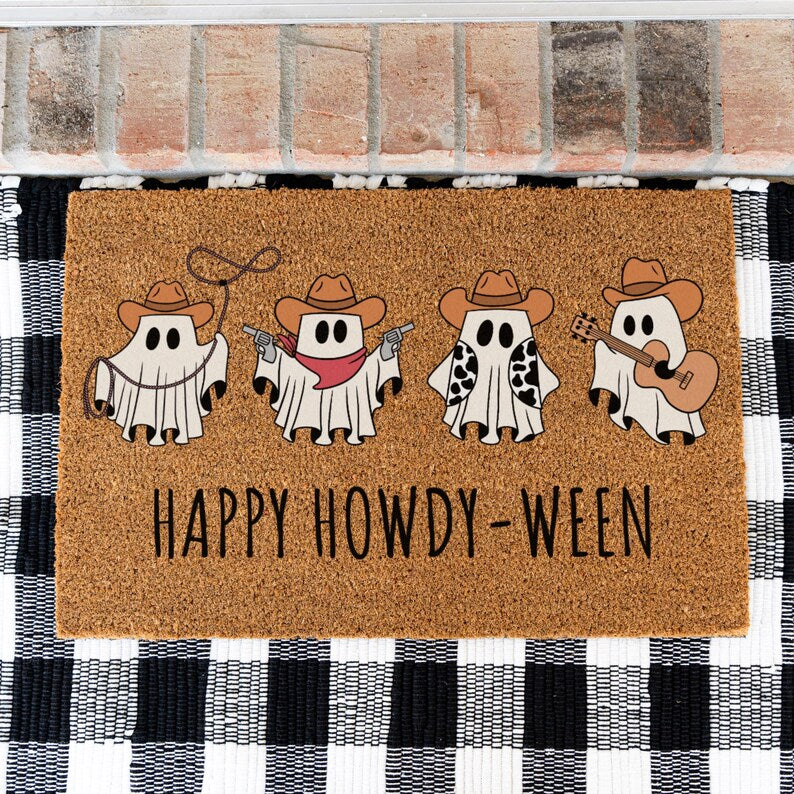 Halloween Cowboy Ghost Doormat, Happy Howdy-Ween Doormat, Fun Decorative Welcome Mat for Spooky Season, Cowboy Ghost Themed Home Decor. DMPETAL21