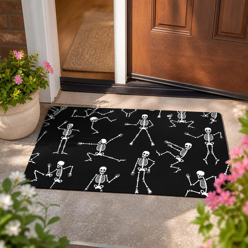 Dancing Skeleton Doormat Halloween Large Black Entry Rug Non-Slip Indoor Outdoor Mat Spooky Decor. DMPETAL20