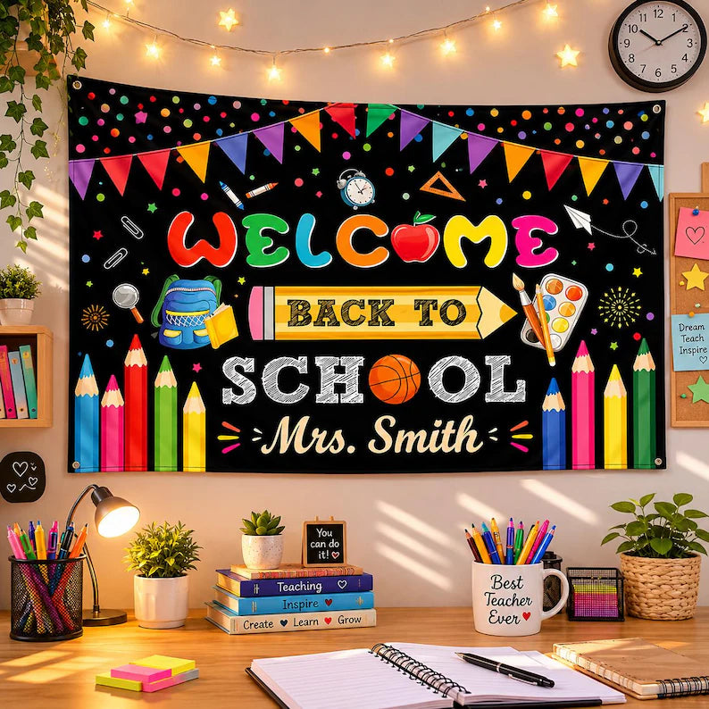 Custom Welcome Back To School Tapestry, Personalized Teacher Name Classroom Banner, Back To School Party Decor, Classroom Backdrop. CBPETAL16
