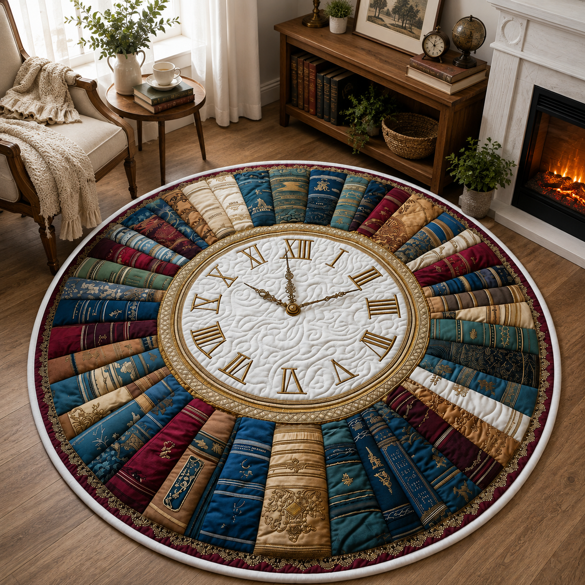 Round Clock Bookshelf Rug, Vintage Style, Eclectic Living Room Decor. QRPETAL11